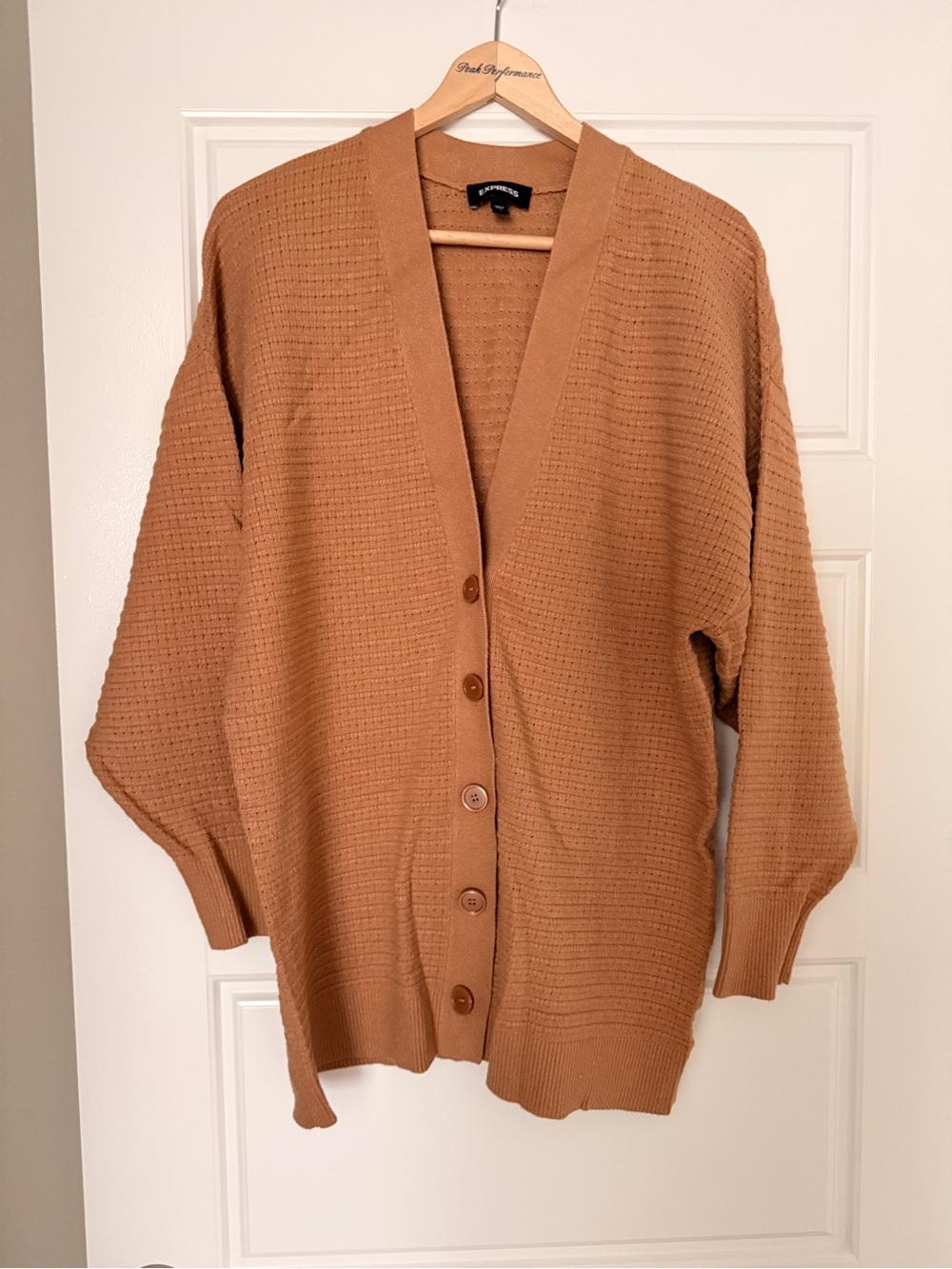 Express Button-Front Ribbed Cardigan — Camel Brown - Picture 3 of 4